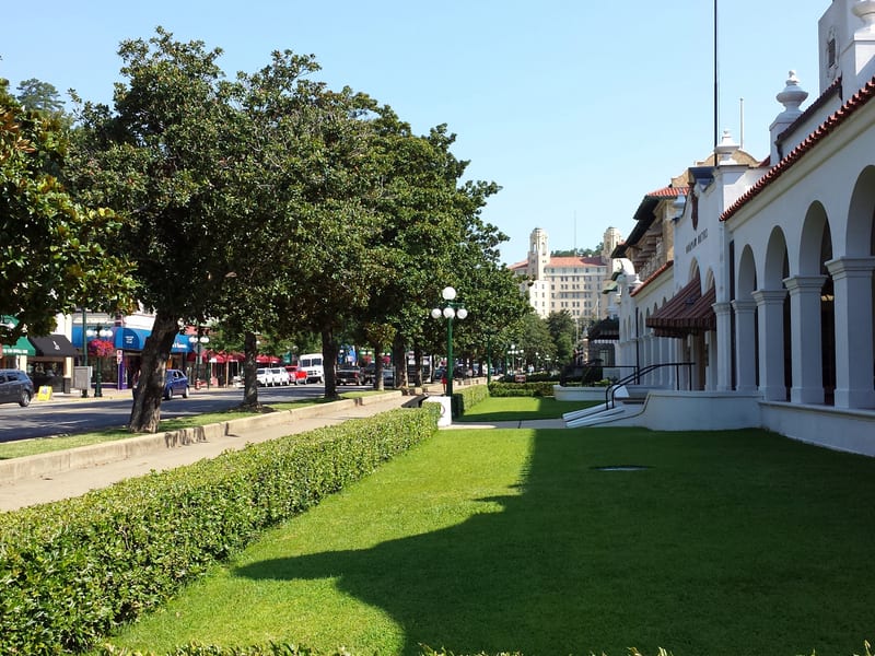 Historic bathhouses lining Central Avenue in Hot Springs